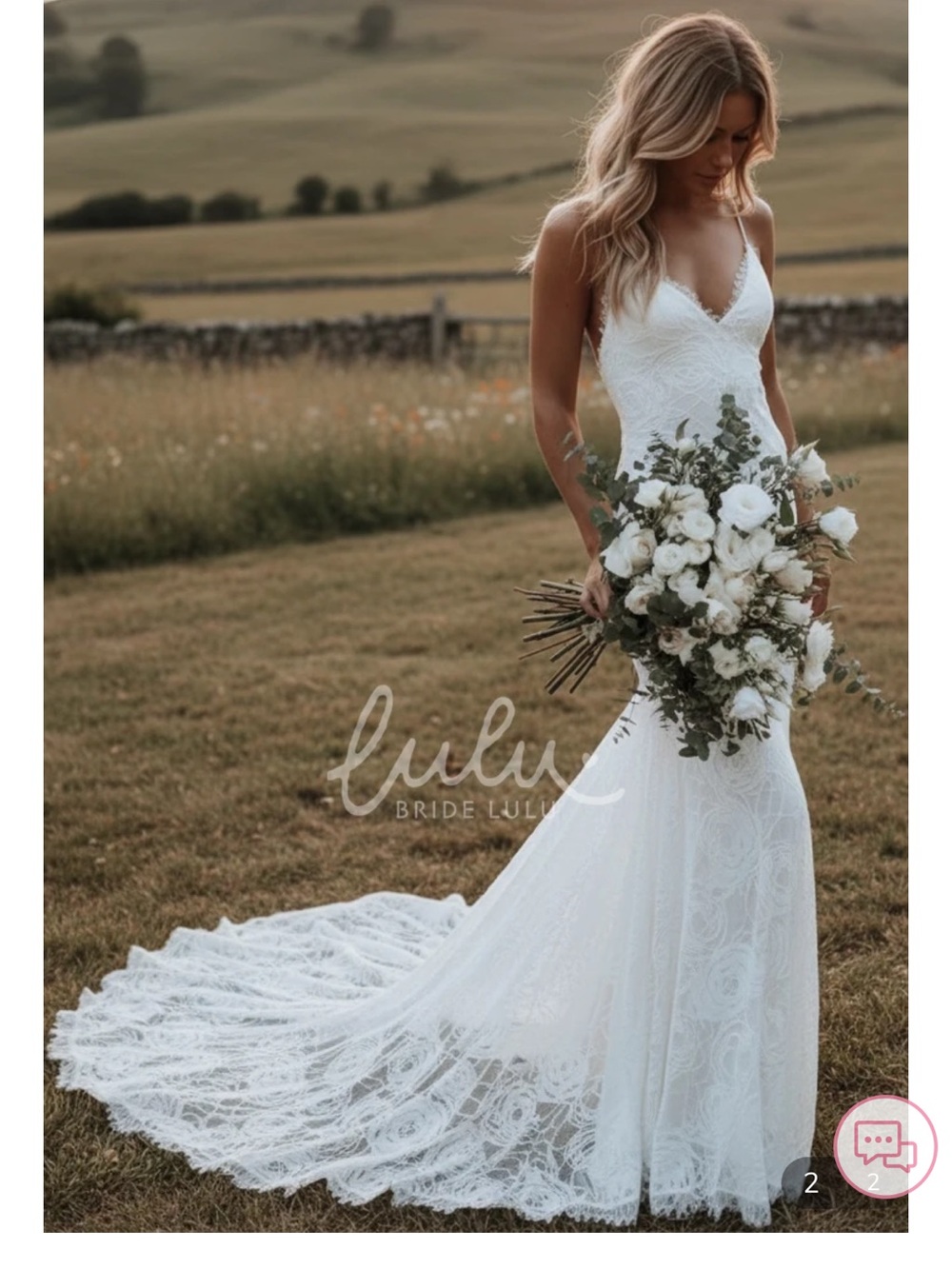 Lulu's White Lace V-Neck Bridal Gown with Train